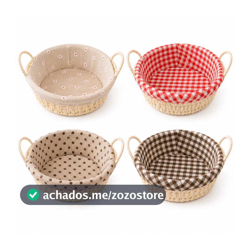 Cesto de Pão Redondo Para Café da Manhã com Tecido Forro e Alça Lateral Cozinha Multiuso