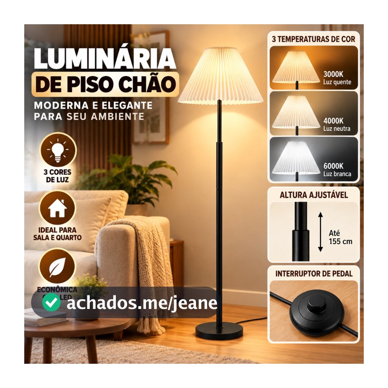 Luminária de Chão 155cm E27, Cúpula Trapézio Branca Plissada, Design Moderno para Sala, Quarto e Cantinho de Leitura