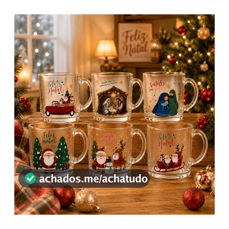 Kit Até 6 Canecas de Vidro Natal 320 ml Estampas Sortidas Festa