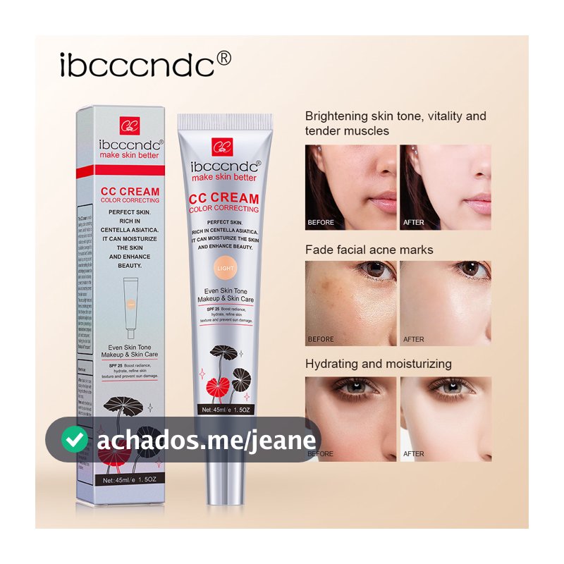 Creme Facial CC Corretor de Cor com Centella Asiatica, BB Cream Reparador e Base Líquida Clareadora - 45ml.