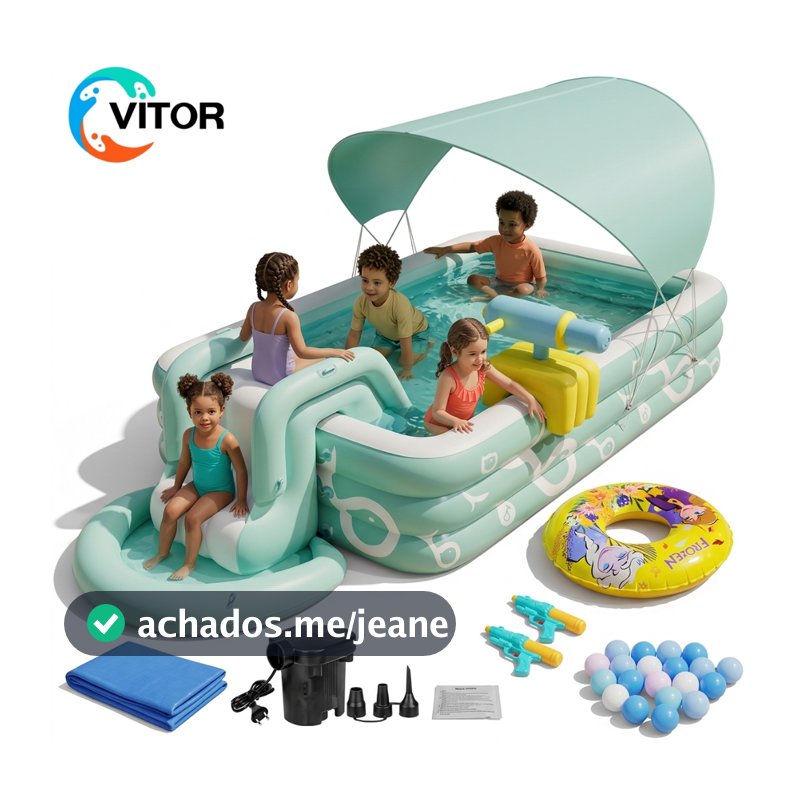 Piscina Inflável Infantil Grande com Escorregador e Cobertura Kit Completo com Bomba Elétrica Boia Bolinhas e Pistolas d