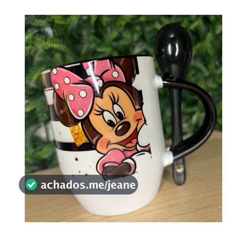 Caneca Minnie com colherzinha e alça e interna preta porcelana 325ml