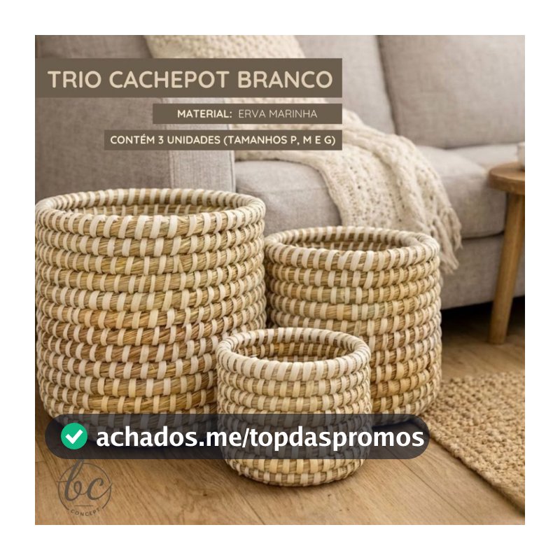 Kit 3 Cestos Decorativo Branco Rattan Sisal Trançado Estilo Natural Sala Varanda - Cesta Cestaria