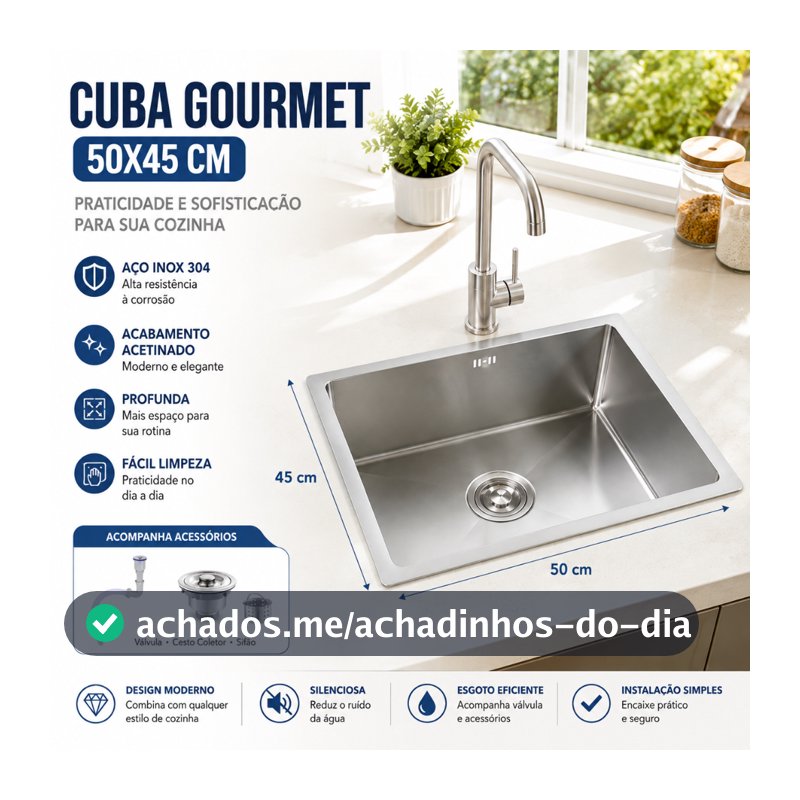Cuba Pia Gourmet Inox Quadrada Cozinha Luxo 50x45 Com Acessórios