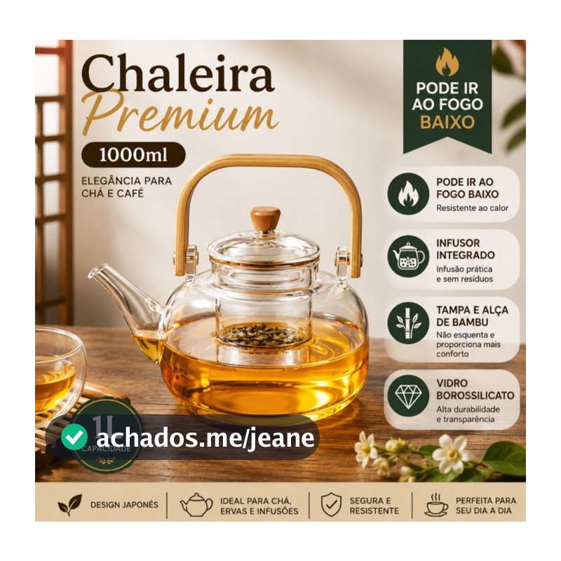 Chaleira de Vidro 1000ml Pode ir ao Fogo Com Alça de Bambu OU com Tampa de Bambu