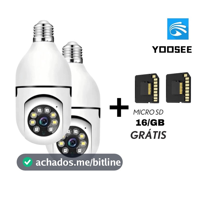 Kit 2 Câmera Segurança Lâmpada WiFi 360° Yoosee PTZ Full HD Visão Noturna com 2 Cartão 16GB