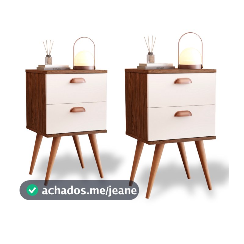 Kit Com 2 Mesa De Cabeceira New Candy Com 2 Gavetas Retrô e Pés Palito Corrediças Metal