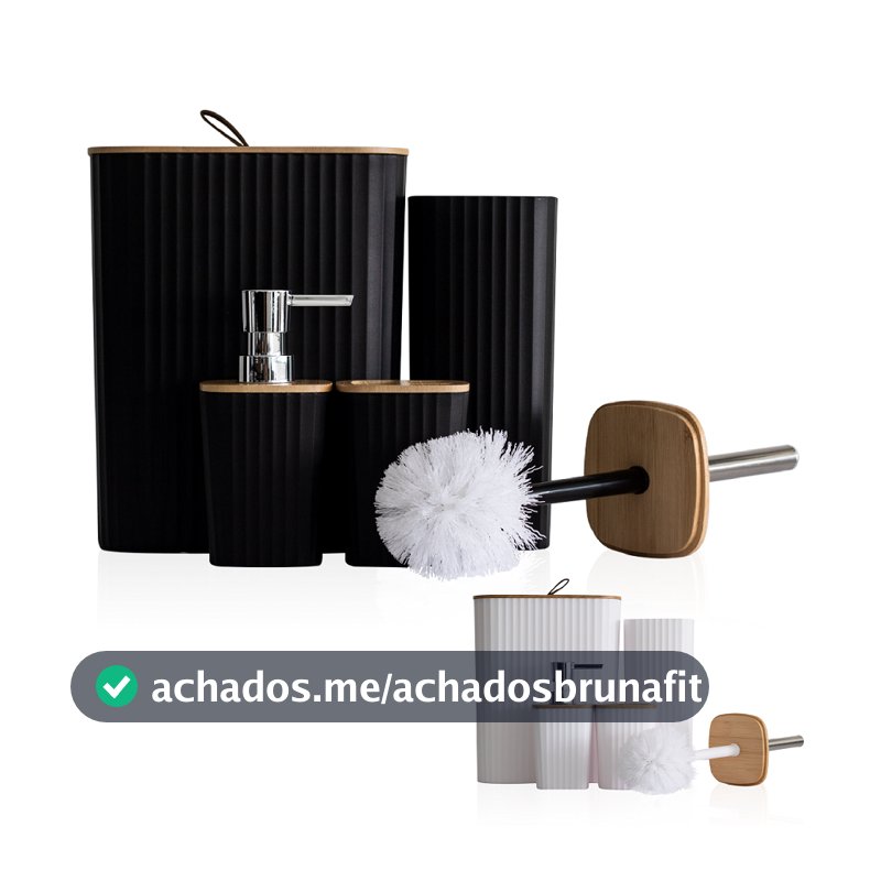 Kit Banheiro Quadrado 4 Peças Completo Lixeira Tampa Bambu Lavabo Escova Sanitária Puxador couro