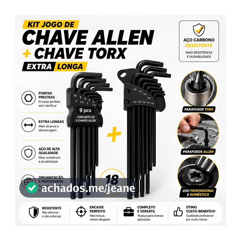 Jogo Chave Torx E Allen Bola Extra Longa Aço 18 Pçs Abaulada