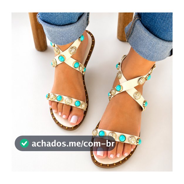 Sandália Rasteira Luxo Feminina Brilho Pedras Azul Turquesa Elegante e Blogueira
