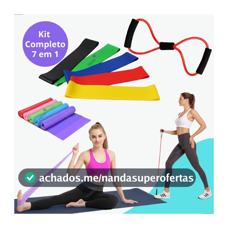 Kit 7 em 1 Elástico Para Exercício Físico em Casa Kit 5 Mini Bands + Faixa Yoga + Elastico extensor