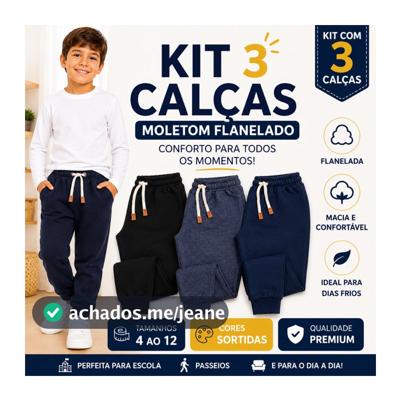Kit 3 Calças Moletom Infantil Flanelada Jogger Premium Inverno 100% Algodão Tam 4 ao 12