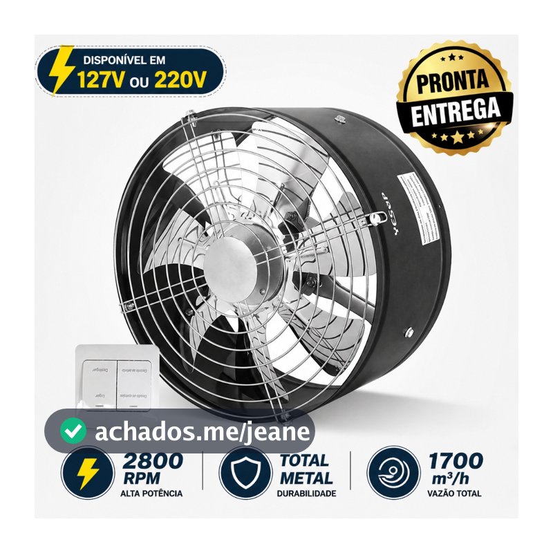Exaustor Industrial 30cm Alta Pressão 2000m³/h – Motor Cobre Alta Vazão para Restaurante, Churrasqueira e Cozinha Yesop