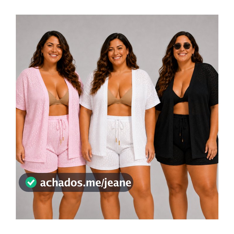 Saída de Praia Plus Size Short e Cardigan Kimono Tricot Moda Praia Feminina Tamanho Grande Tam - 46 48 50 Verão Ano Novo