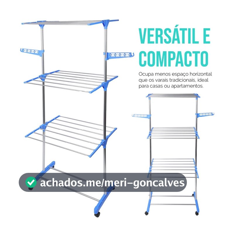 Varal De Roupa Dobrável Torre 3 Andares Com Rodas Aço Inox Vertical Azul Umbrella
