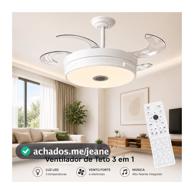 Ventilador de Teto Retrátil 42" com LED, Controle Remoto, Som Integrado, 3 Cores, Silencioso, Bivolt - Branco