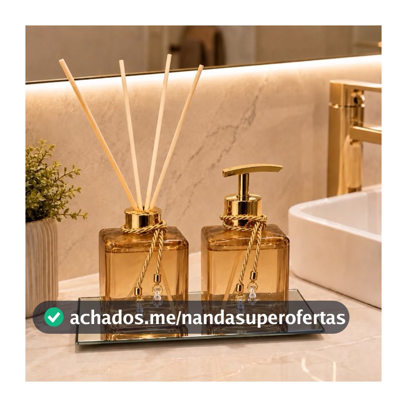 Kit Lavabo Pet Ambar Difusor de Varetas e Saboneteira Luxo Bandeja Banheiro Casa