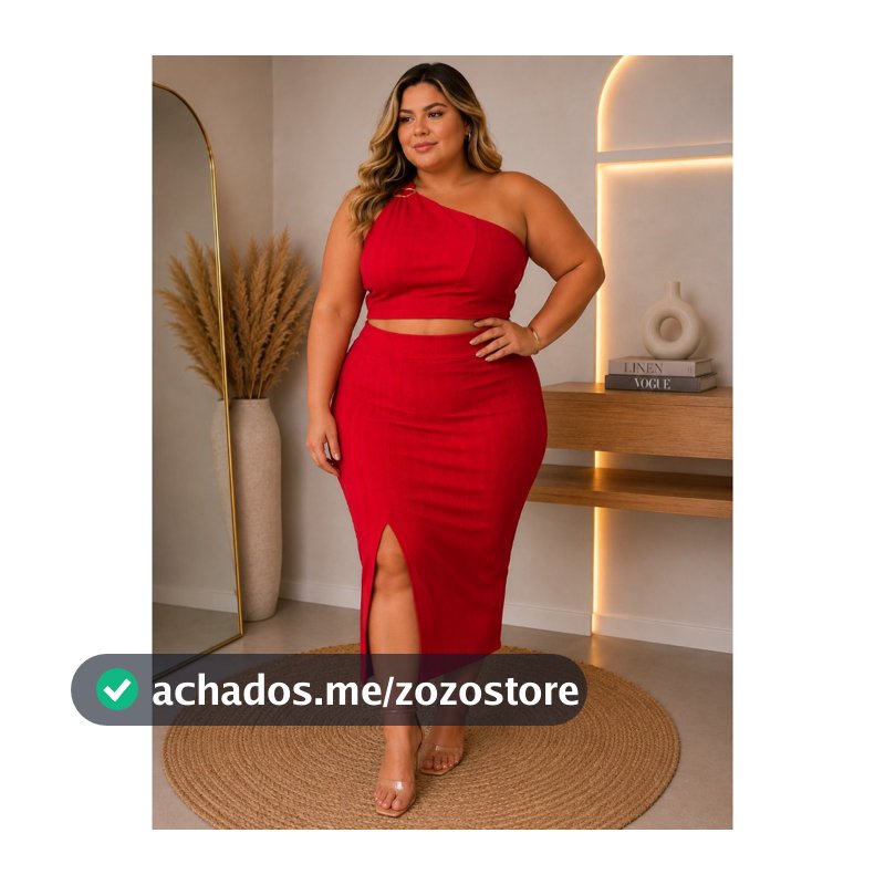 Conjunto Feminino Plus Size Cropped Um Ombro e Saia Midi com Fenda Malha Rugão