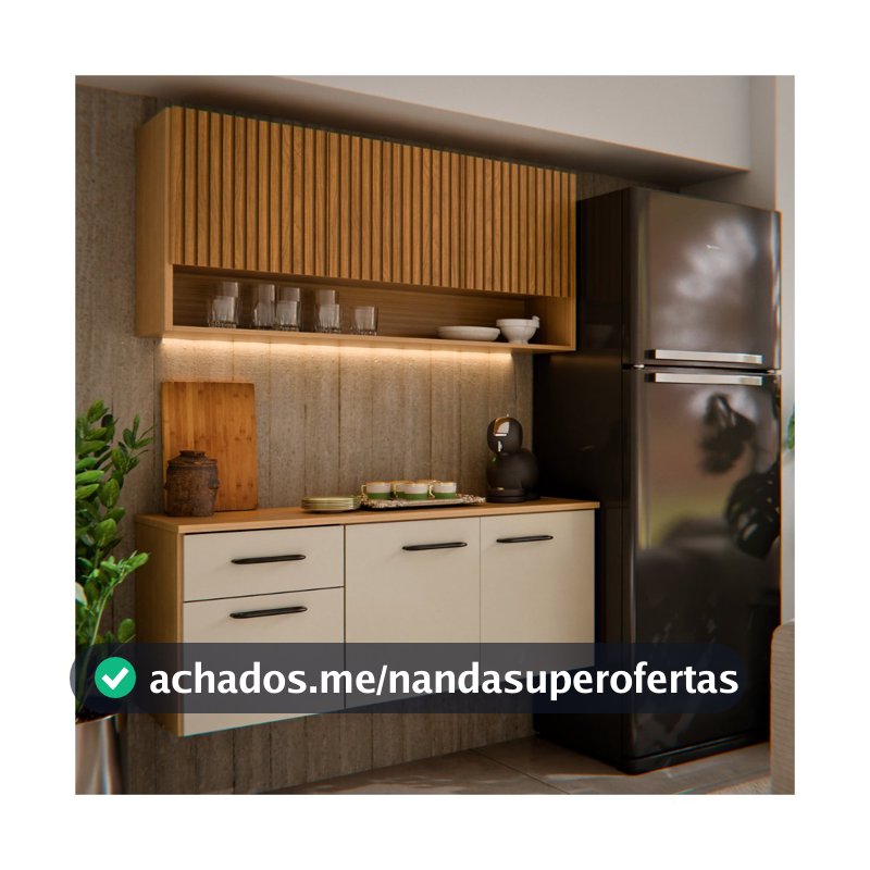 Armário de Cozinha Completo 6 Portas Ripado 3D com Balcão e Aéreo Suspenso Cozinha Compacta Eliza