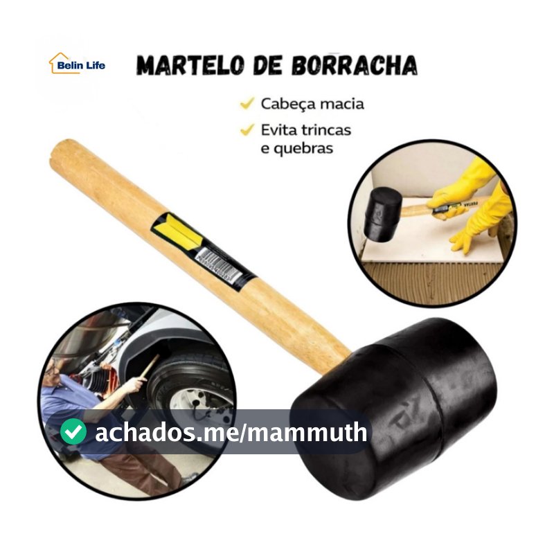 Martelo Borracha Preta 230g Cabo Madeira Profissional Para Pedreiro Obra