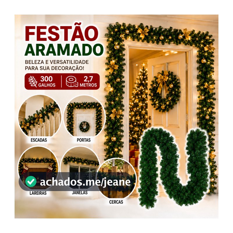 Festão Verde  Aramado Grosso  Luxo 270cm - 300 Galhos  Festão 2.70 metros com 300 galhos para Decoração festa de natal