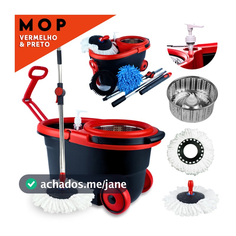 Mop Giratório Com Cesto Em Inox - Cabo 150cm - Completo - Vermelho - Aviv