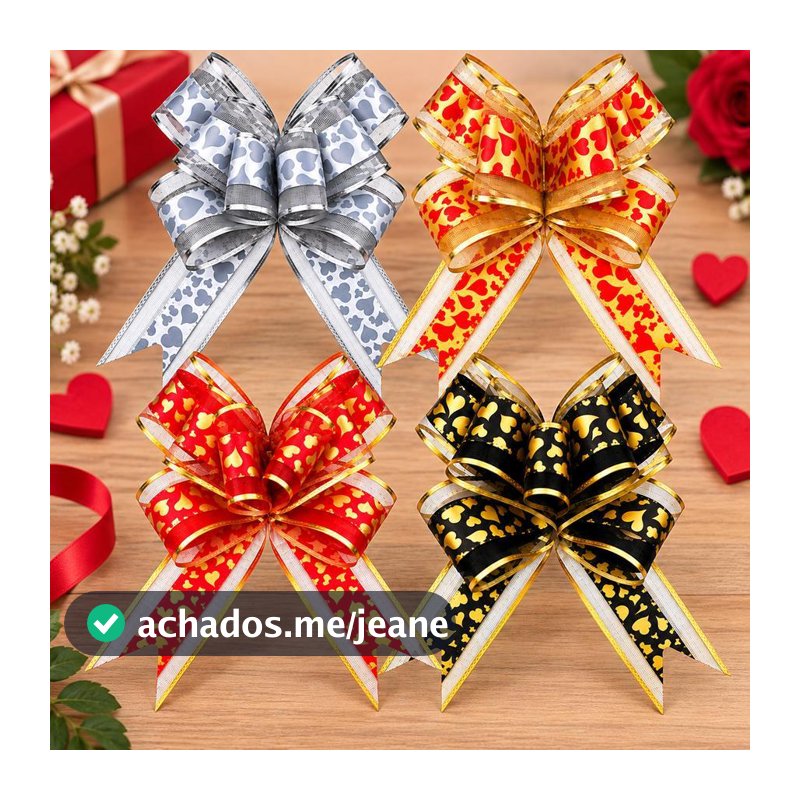Kit 50 Unidades Laço Fácil De Organza Com Poliéster 50 mm x76 cm Estampa Corações
