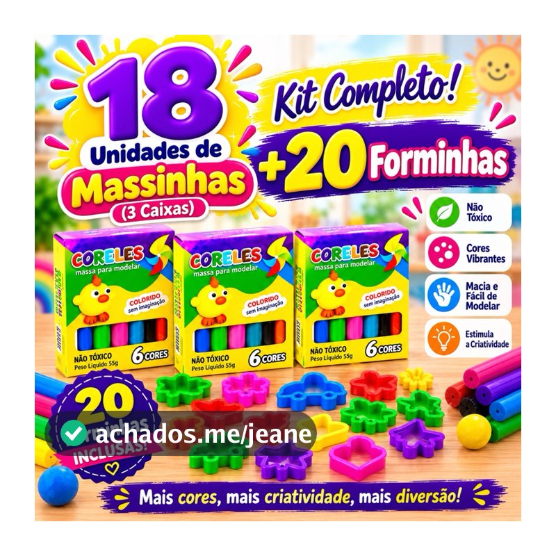 Kit 18 Unidades (3 caixas) de Massinha de Modelar + 20 Cortador Forminha Festa Lembrancinha Aniversário