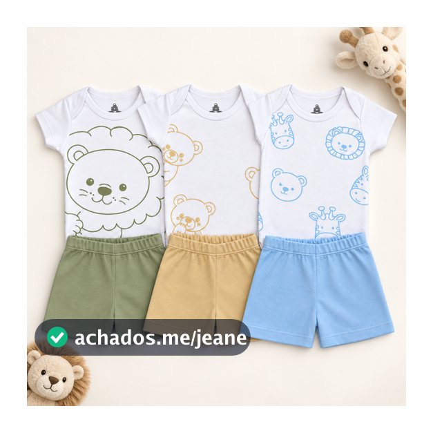 Kit 6 Peças Roupa de Bebê Menino Algodão 3 Body Manga Curta + 3 Shorts Nenem Verão P ao GG Floresta