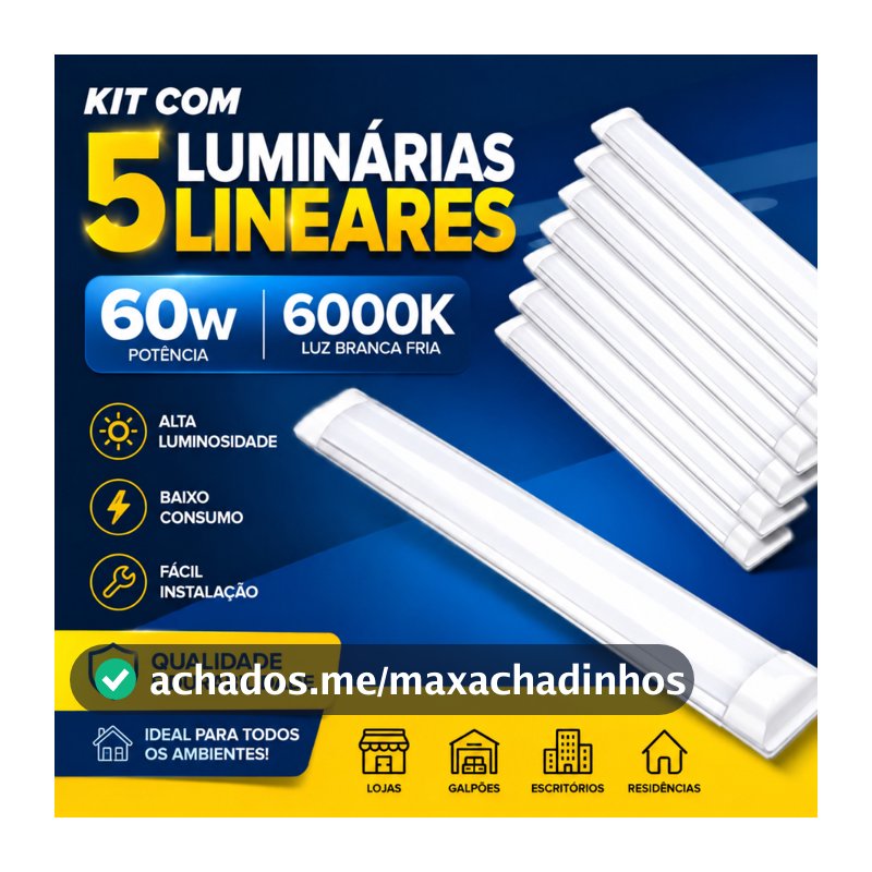 Kit 5 Luminárias Linear Tubular 100cm Sobrepor 60w Led Branco frio 6000k