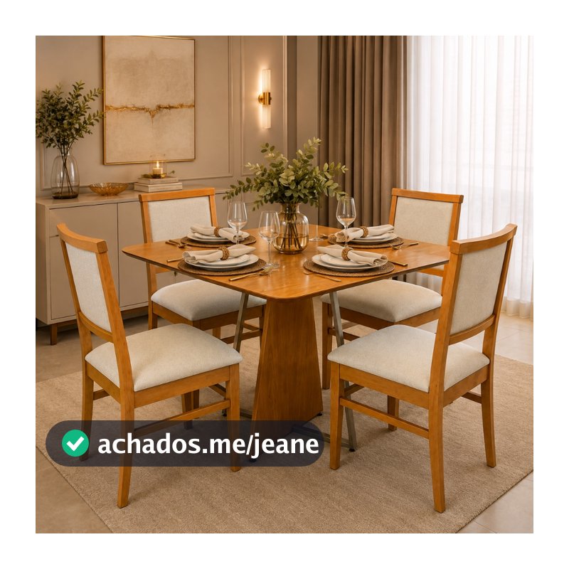 Conjunto Mesa de Jantar Fascínio 80x80 com 4 Cadeiras Delfos Madeira Maciça Tecido Linho - LH Móveis