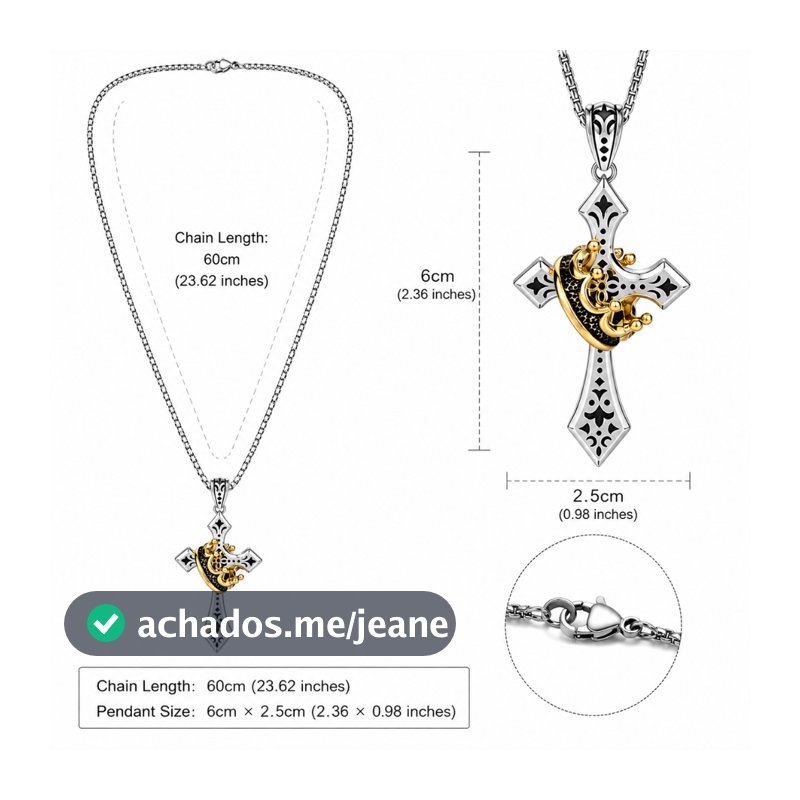 Colar Masculino Cruz com Coroa Dourada, Corrente 60cm, Pingente Gótico Prateado 6cm, Acessório de Moda