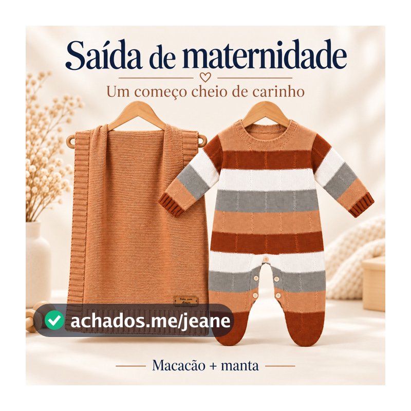 Saída Maternidade Bebê Kit 2 Peças Macacão Listrado Tricô Body e Manta Enxoval Recém-Nascido
