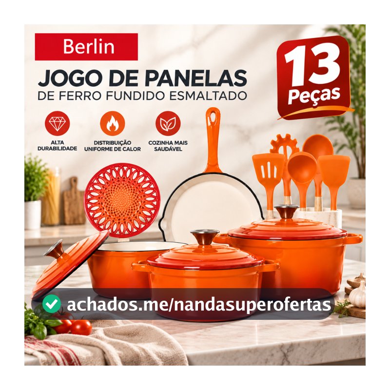 Jogo De Panelas Ferro Fundido Esmaltado 13 Peças Indução E Forno Conjunto Antiaderente De Cerâmica Berlin
