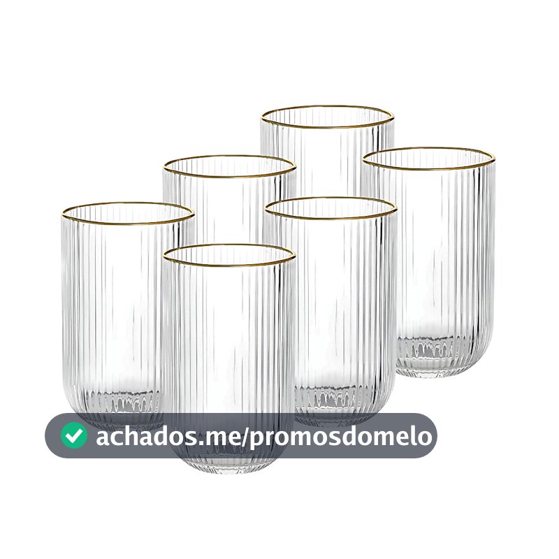 Jogo 6 Copos Canelados de Vidro Versalhes Fio de Ouro