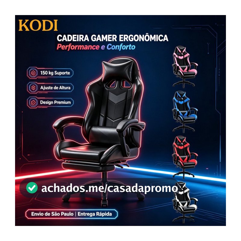 Cadeira gamer Ergonômica Reclinável Altura Ajustável Reclina 180° Couro Sintético Giratória-F19