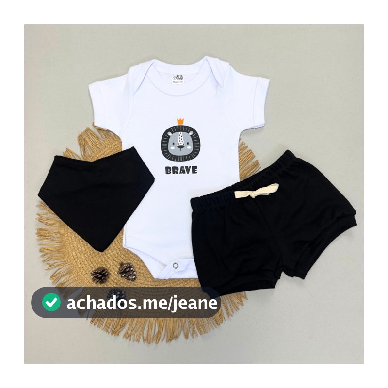 Conjunto Bebe Menino com Babador e Bermuda 100% Algodao