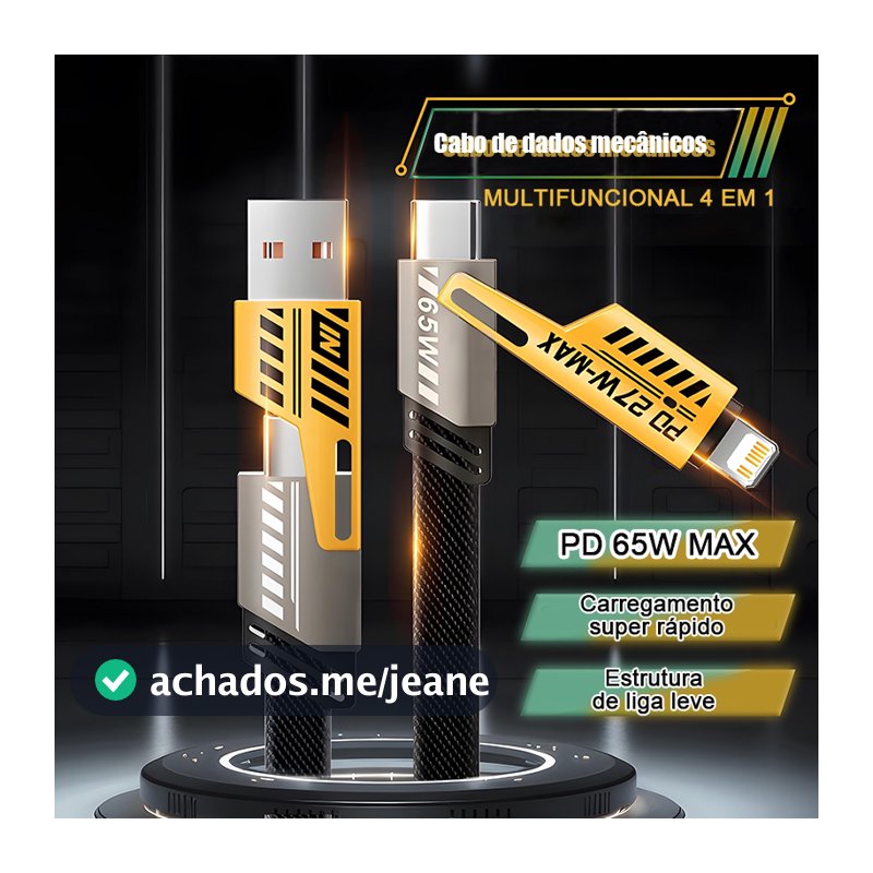 Cabo 4 em 1 Carregamento Rápido PD 65W USB Tipo C Lightning Duplo Nylon Trançado para Android e iOS