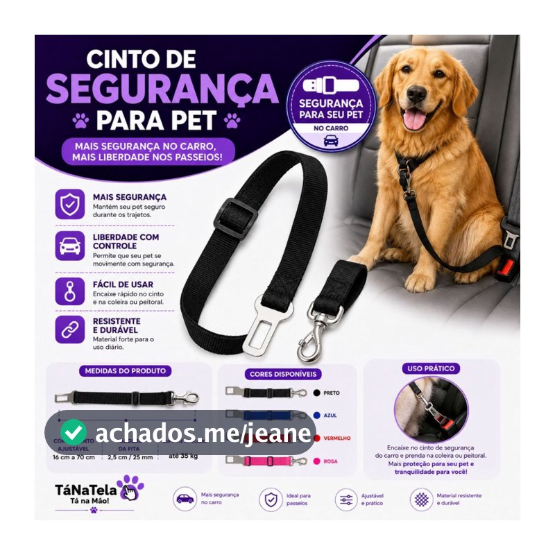 Cinto de Segurança Pet Ajustável para Carro Nylon Reforçado Cães Gatos 16 a 70cm até 35kg