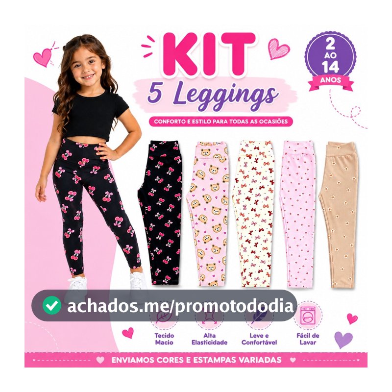 Kit com 5 Calça Legging menina Estampadas e sortidas 2 ao 14