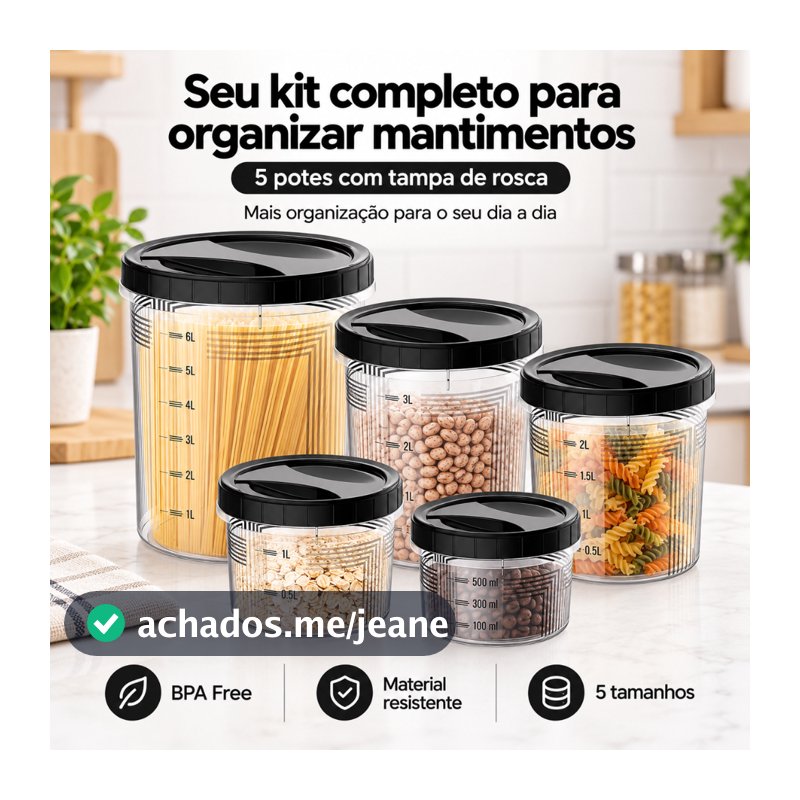 Kit 5 Conteineres Tampa de Rosca Alimentos Mantimentos Pote