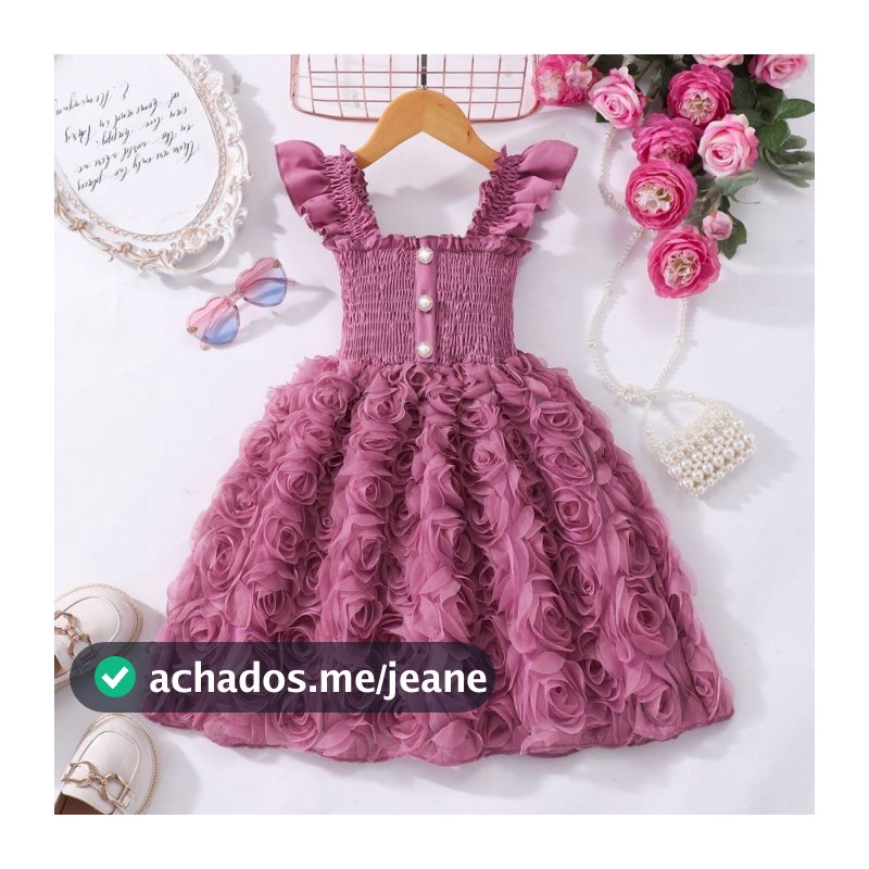 Vestido Infantil Feminino com Rosas 3D, modelo em alta, saia rodada e detalhe floral luxuoso p/ aniversário ou casamento