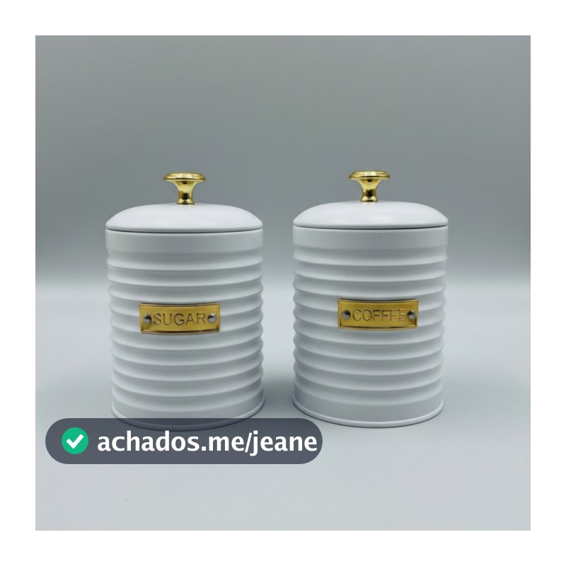 Kit Porta Açúcar E Café De Metal Branco C Design Frisado e Tampa Her