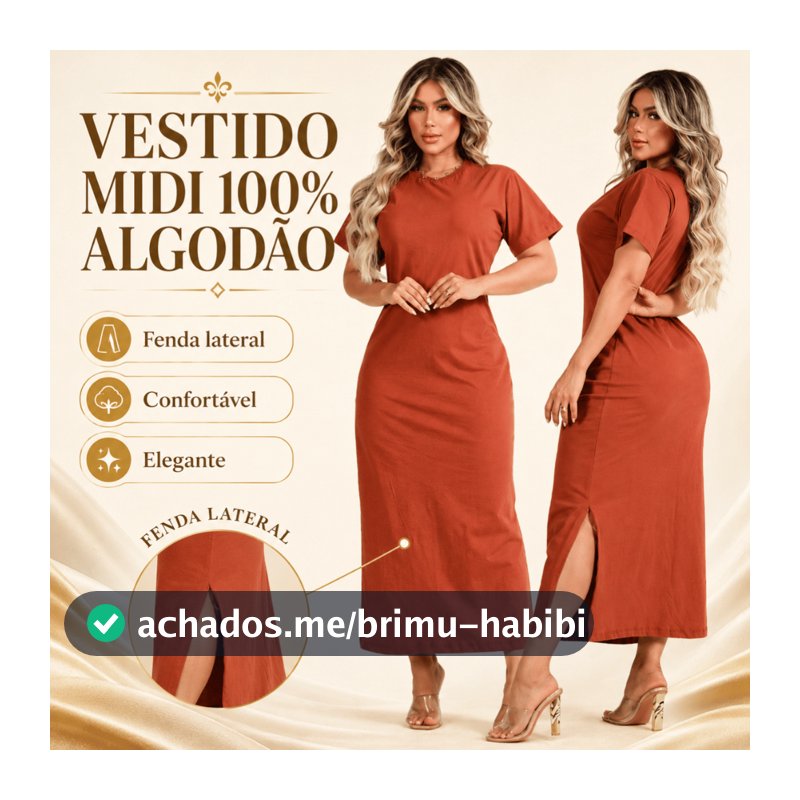 Vestido Feminino Fenda Lateral 100% Algodão Moda Básica Casual Elegante 38 ao 46 Midi Social Oferta