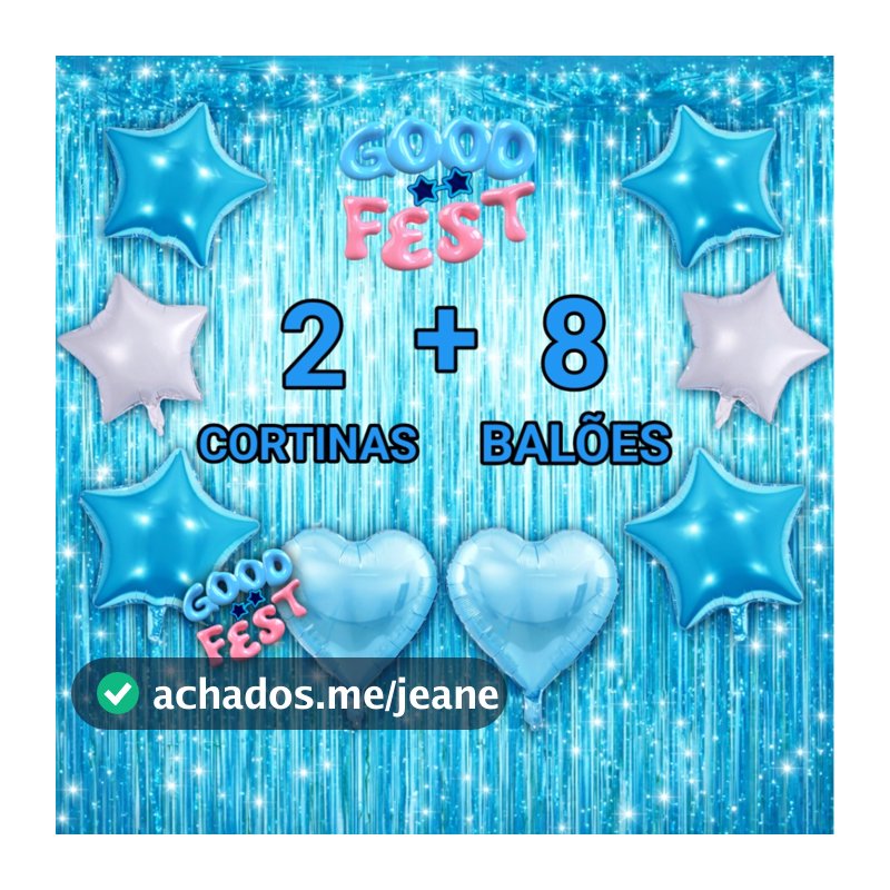 Kit 2 Cortinas Metalizada + 8 Balões, Estrela e Coração 11Cores Kit Decoração, Aniversário, Festa, Comemoração, Adereços