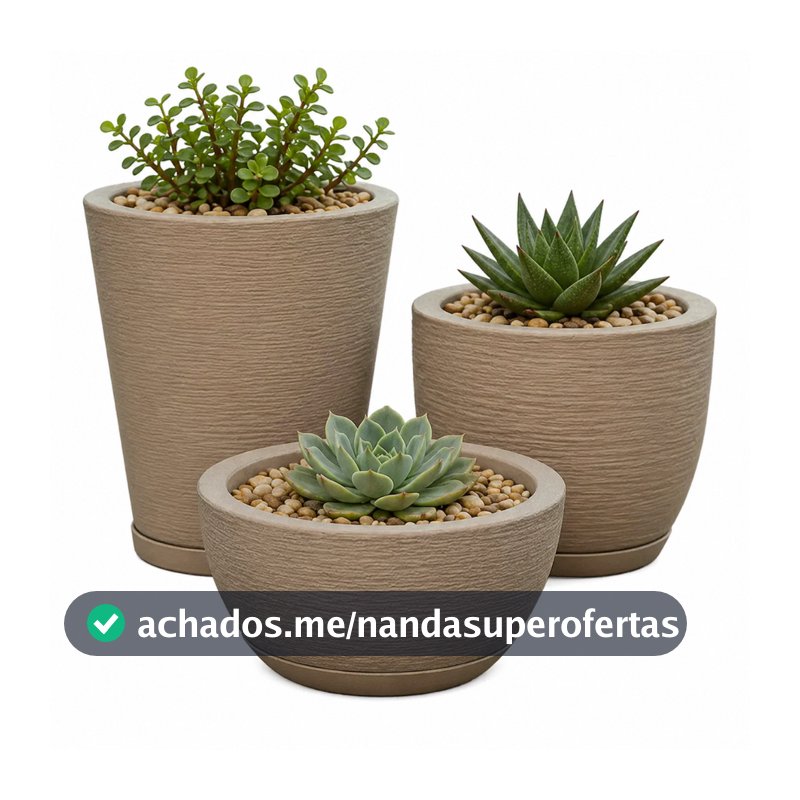 Kit Com 3 Vasos Decorativo de Planta Escovado Polietileno Com Prato Cone + Bojo + Bacia
