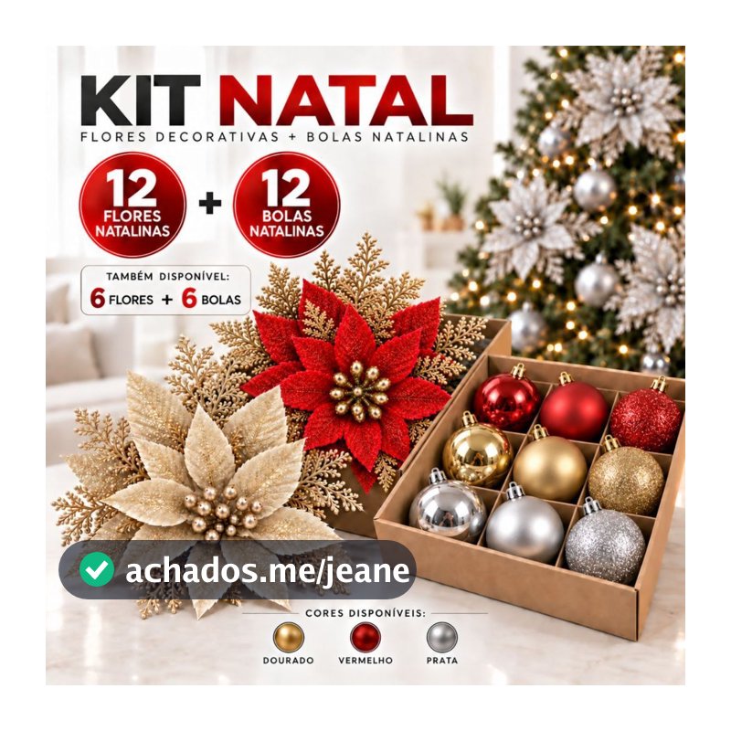 Kit Natal Enfeites Bolas Flores De Decoração Arvores 6/12 Vermelho Dourado e Prata