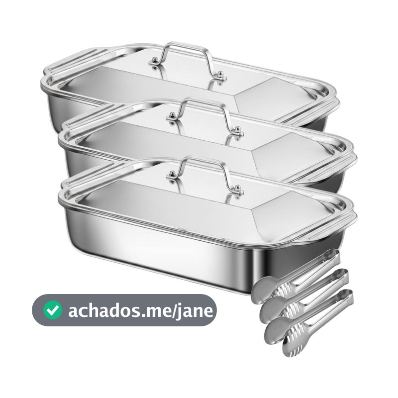 Kit Assadeiras Retangulares Aço Inox 38L com Tampa e Pegador para Fogão e Forno