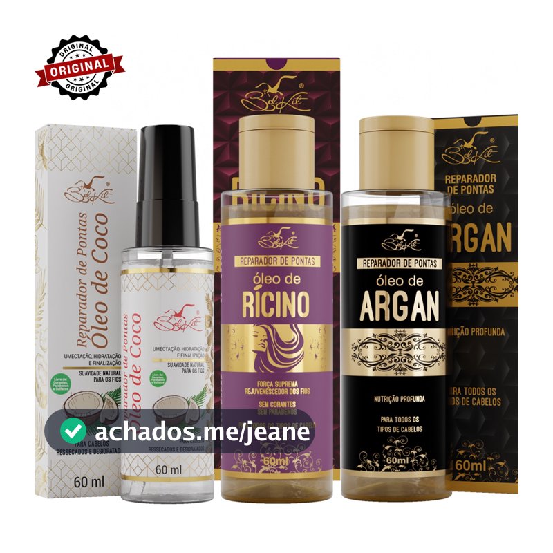 Kit Óleos Para Cabelo Reparadores Capilares BELKIT | Óleo de Argan, Óleo de Coco e Óleo de Rícino