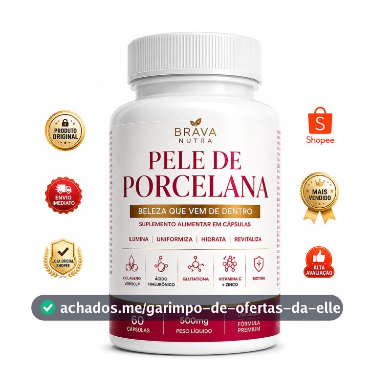 Pele de Porcelana Colágeno Verisol + Ácido Hialurônico | Biotina | 60 Cápsulas | Envio Imediato